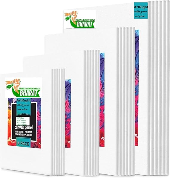Cotton Canvas Board Set for Oil & Acrylic Painting (8 Pack) – Primed White Artist Canvas Boards (5x7, 8x10, 9x12, 10x14) Multi Size Painting Panels for Kids, Beginners & Artists