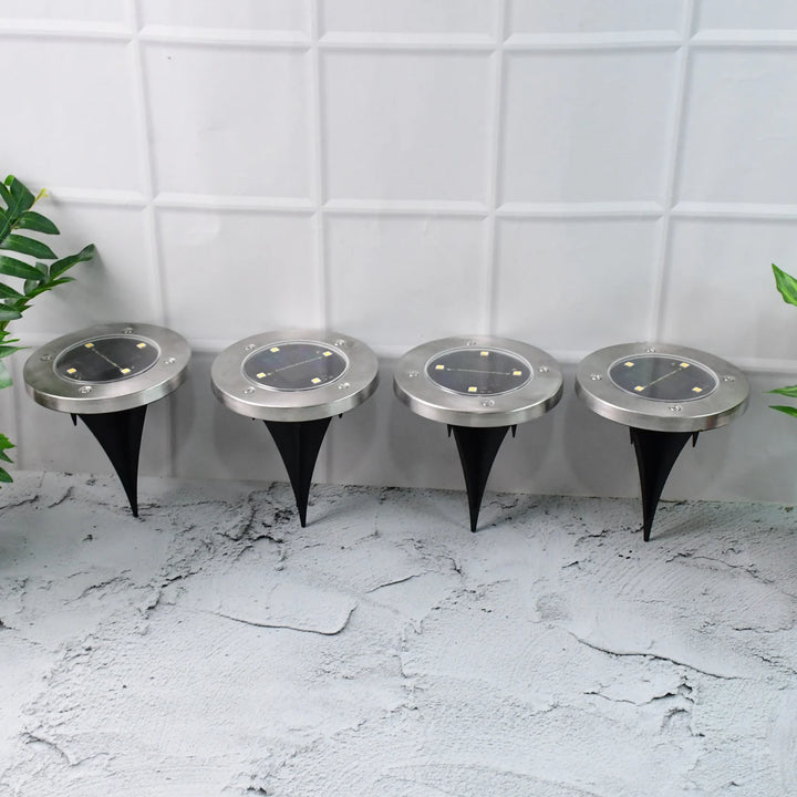 Set of 4 Solar Powered LED Garden Ground Lights | Waterproof Stainless Steel Outdoor Pathway Lamps